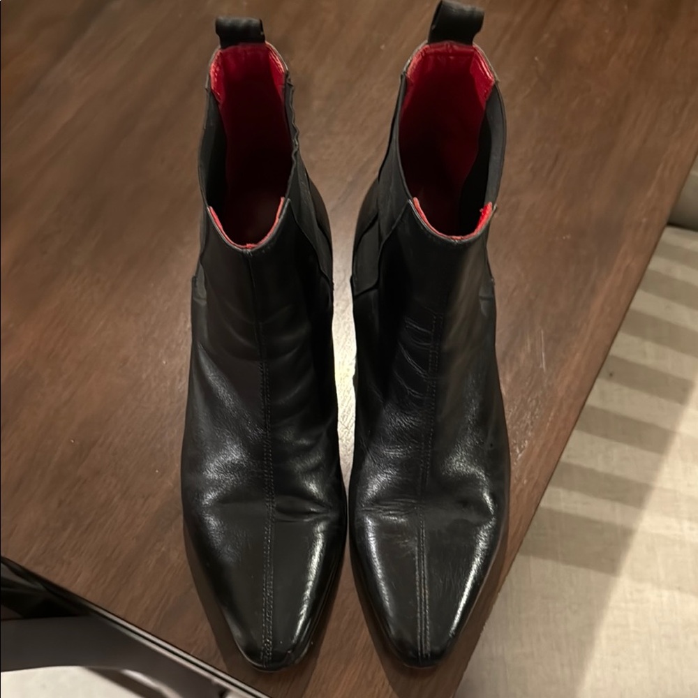 Black Leather Ankle Boots with Red Lining